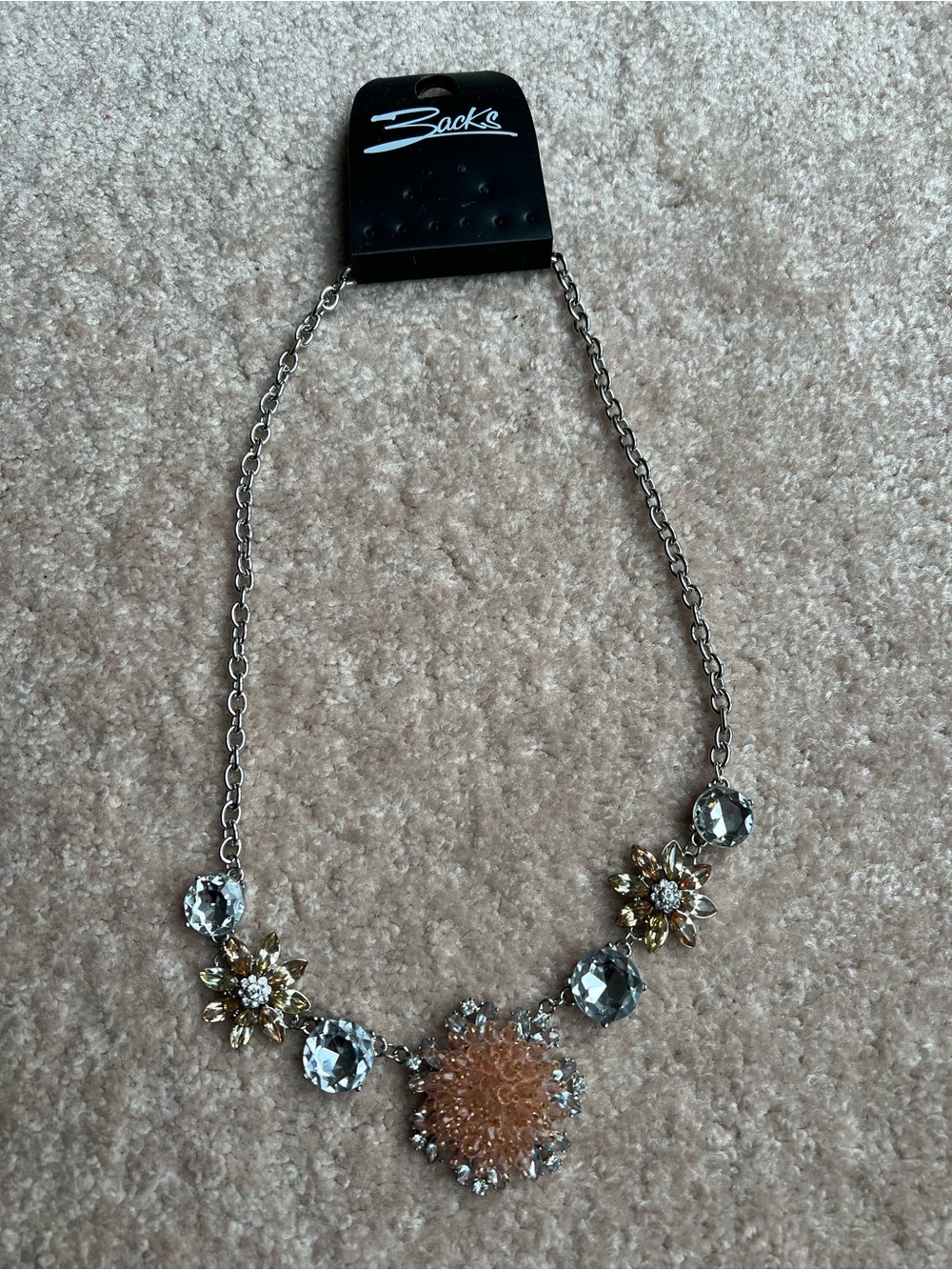 Silver Chain Necklace with Peach and Clear Crystal Floral Pendant